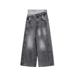 美式复古双腰头拼接设计牛仔裤女街头辣妹直筒宽松显瘦阔腿拖地裤