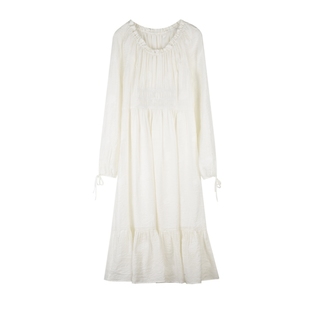 solighter 法式复古天丝提花连衣裙女春季新款灯笼袖气质收腰长裙