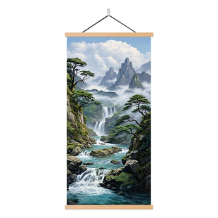 新中式山水风景装饰画入户玄关挂画客厅卧室流水生财极简风墙壁画