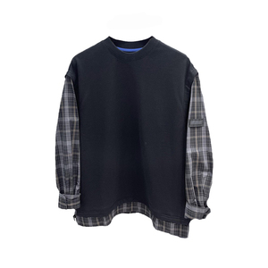 2024秋季男士圆领拼接格子袖子假两件卫衣日系宽松小众潮牌套头衫