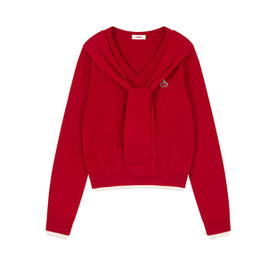 樱桃KIRSH刺绣V领羊毛披肩打底针织毛衫女2026春韩系圣诞红色毛衣