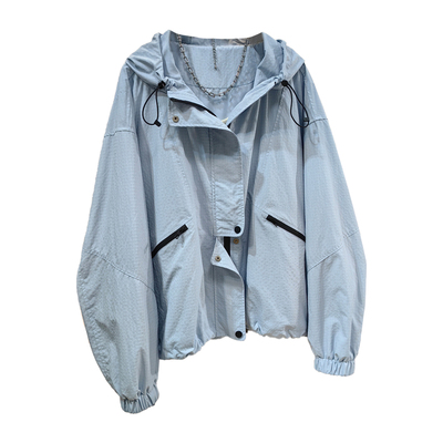 春季新款浅蓝色格子连帽薄外套女