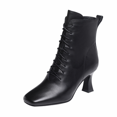 2025新款秋冬季方头细跟短靴女高跟鞋软皮英伦风小跟真皮鞋马丁靴