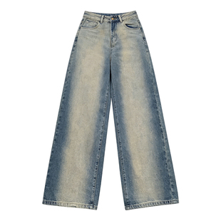 李李服饰加绒做旧晕染撞色阔腿牛仔裤女2026冬季高腰垂感脏脏长裤