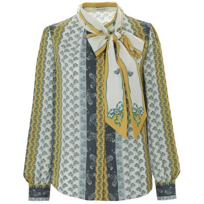 MESUX米岫印花飘带宫廷风拼接花型通勤长袖衬衫上衣女MKSUC410