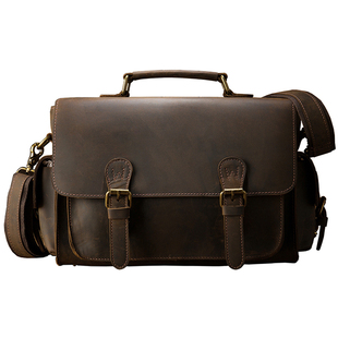 手工疯马皮复古手提包男包头层牛皮邮差包真皮单肩斜挎单反相机包