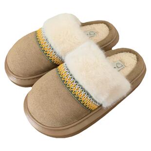 细细条 复古拼色棉拖鞋女时尚防滑厚底冬季室内外穿民族风月子鞋