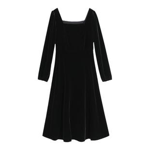 弥古黑色丝绒连衣裙女高级感年会礼服裙秋冬法式方领长裙打底裙子