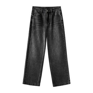BACK TIMES初时直筒百搭三遍炒雪花小黑裤棉细长腿牛仔裤女