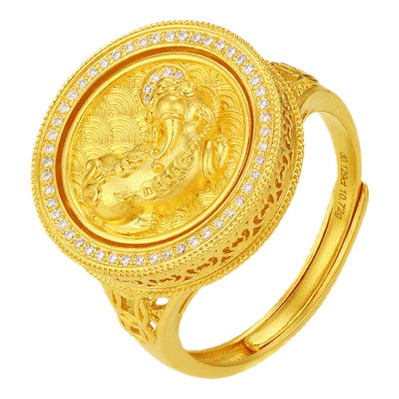 潮宏基臻金瑞佑黄金钻石戒指足金手饰古法貔貅五帝币高奢点钻W