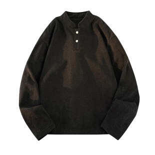 回力美式复古亨利领条纹长袖T恤男士春季宽松休闲百搭肌理感上衣