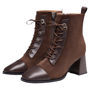 KISSCAT接吻猫秋冬季美拉德棕色时装靴女粗跟系带黑色羊绒短靴子