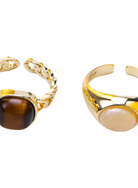 琥珀色天然石开口戒指女复古小众设计食指戒轻奢洋气高级感装饰品