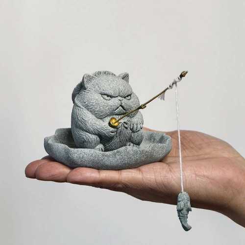 南树人侠客猫钓鱼摆件香插假山造景鱼缸桌面摆件居家送礼装饰茶宠