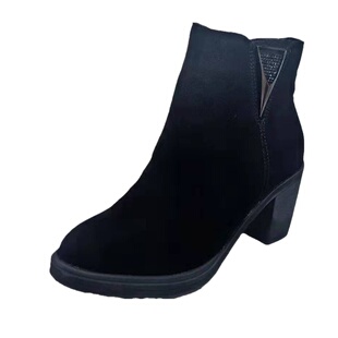 冠亚女鞋秋冬新款短靴圆头百搭牛皮磨砂真皮高跟粗跟显瘦马丁靴女