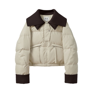 她池短款羽绒服2025冬季新款女装撞色翻领拼接宽松款落肩袖外套