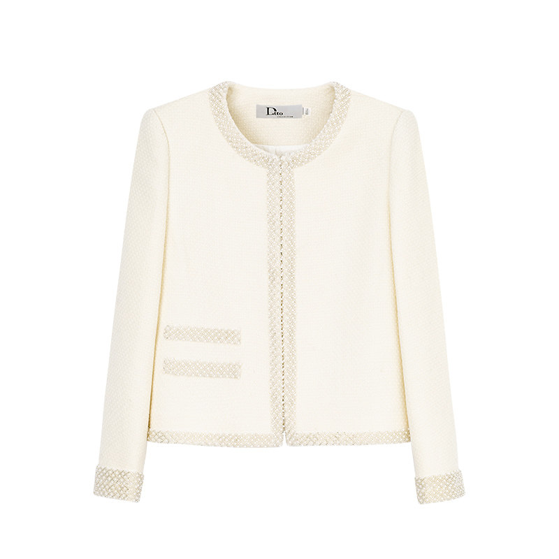 迪图时尚法式小香风外套女2025秋冬新款重工钉珠高级感羊毛短外套