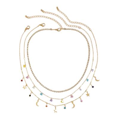 金色星星月亮吊坠水钻叠戴项链