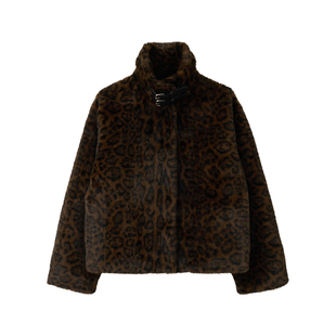 [张元英同款]ROLAROLA新款毛绒皮草外套女冬短款机车豹纹大衣
