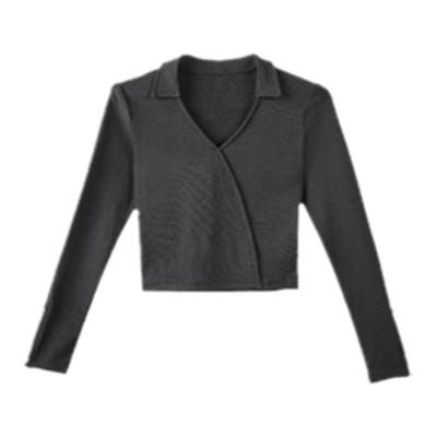 CANVAUS秋冬季纯色短款打底衫女长袖修身鸡心领拼接拉链韩版上衣