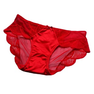 大红色中国红柔软缎面蕾丝三角内裤女士青春包臀无痕边舒适纯棉裆