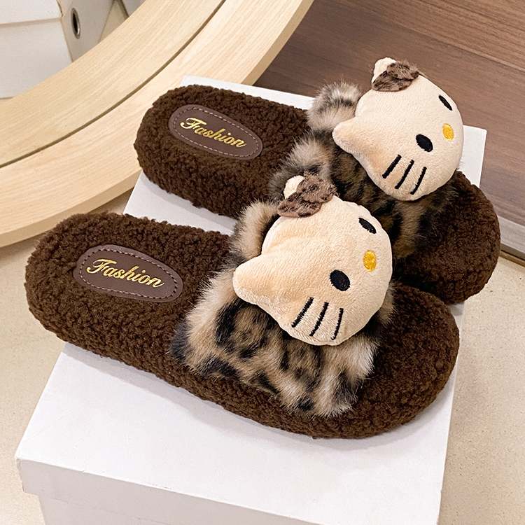 可爱豹纹猫棉拖鞋女秋冬居家室内保暖防滑耐磨一字毛毛拖鞋女外穿