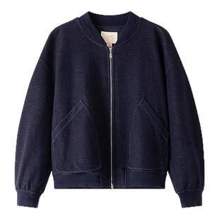 十二篮复古美式棒球服女大口袋仿牛仔运动外套休闲藏蓝色春季