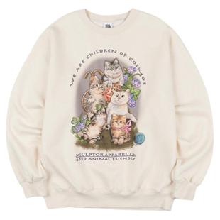 SCULPTOR赵露思同款可爱猫狗印花舒适加绒圆领套头卫衣女秋冬外套