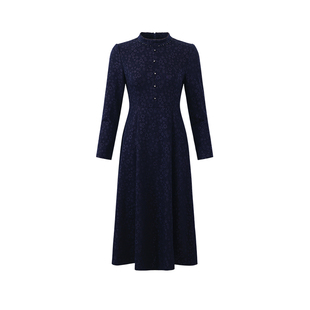 黛玛诗显瘦花裙子秋冬新款雅端庄钻饰立领藏蓝色针织连衣裙女