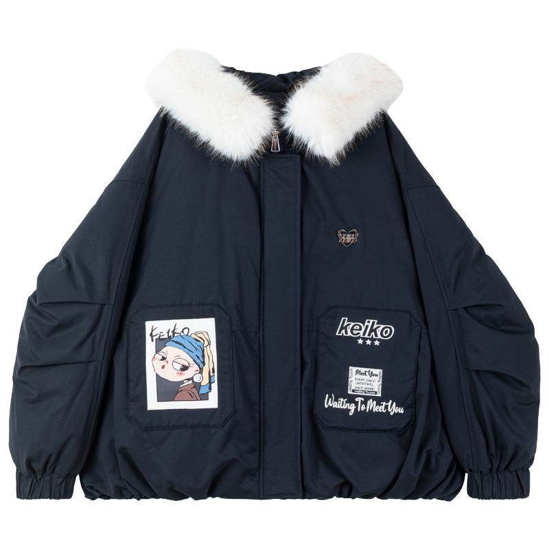 KEIKO可拆大毛领连帽短款棉服