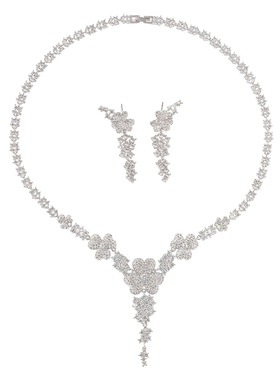 复古花朵微镶锆石项链耳环两件套