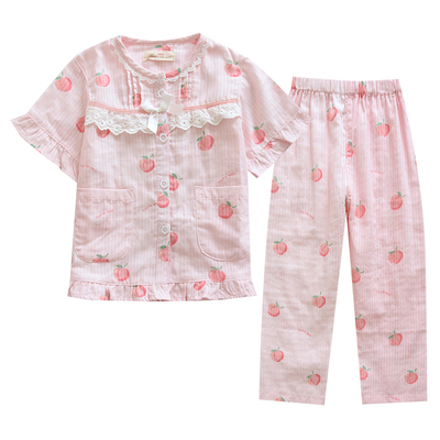 女童纯棉纱布薄短袖长裤亲子睡衣