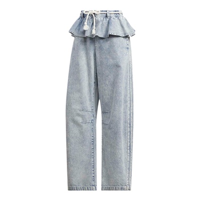 阿迪达斯三叶草女裤2026夏季荷叶边复古纯棉宽松运动牛仔裤KT3051