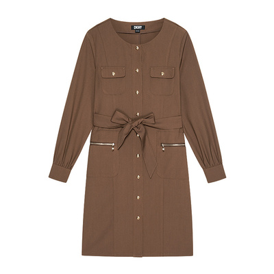 DKNY唐可娜儿秋冬女装时尚通勤复古风工装拉链口袋系带衬衫连衣裙