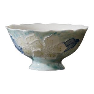 池也手绘蓝韵花影陶瓷主人杯女士精致品茗杯花口高足斗笠茶杯茶具