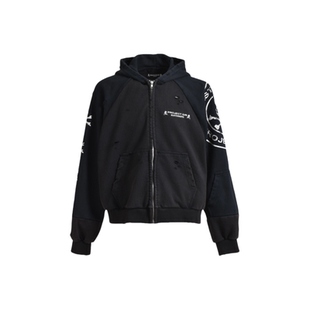 GRALIZ PROJECT GR骷髅拼接水洗做旧破洞连帽衫卫衣美式拉链外套