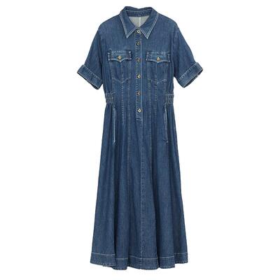 谜底牛仔连衣裙女秋复古波嬉风文艺收腰大摆中长裙243ML1027