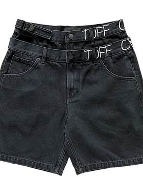 TUFF CROWD 美式高街小众设计刺绣黑色休闲牛仔短裤