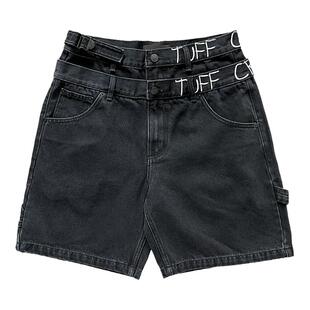 TUFF CROWD 美式高街小众设计刺绣黑色休闲牛仔短裤