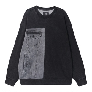 ABLEJEANS中国想象联名男女情侣卫衣圆领复古做旧水洗长袖拼接休