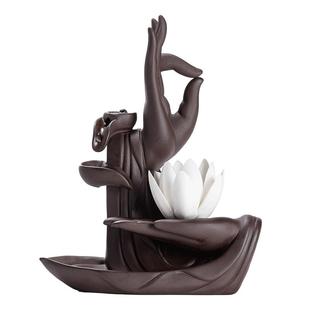 新中式紫砂倒流香炉室内家用香炉禅意佛手莲花摆件香座香插熏香炉