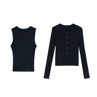 pusumede Daily主义 圆领针织开衫女修身无袖吊带背心上衣两件套
