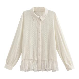 森女部落甜美设计感镂空下摆蕾丝拼接百搭显瘦上衣新款百搭衬衫女