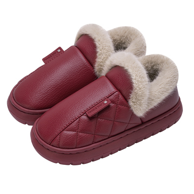 防水棉拖鞋皮面包跟男士冬季家用