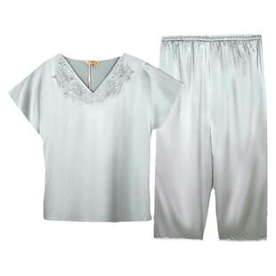 美标真丝睡衣100%桑蚕丝短袖七分短裤大码家居服套装刺绣宽松夏季