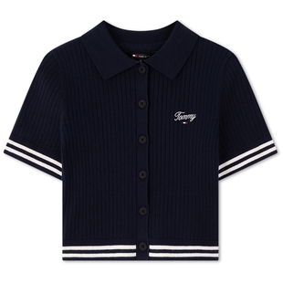 【辣妹短款】Tommy春夏女装复古拼色刺绣肌理翻领短袖针织开衫