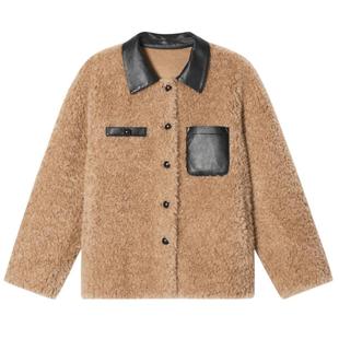 【100%羊毛】SALT.P可颜复古撞色拼接PU翻领羊羔毛外套冬款