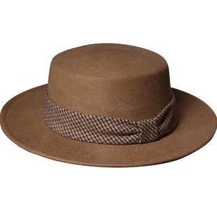 mrduck轻奢优雅千鸟格原创平顶帽秋冬羊毛呢赫本风时髦小礼帽女