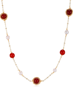 红玛瑙珍珠毛衣项链高级感轻奢小众女款2025新款长款红色毛衣链