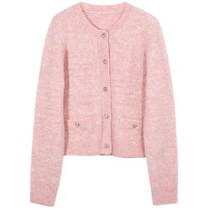 三彩2023秋冬季新款短款圈圈纱针织衫开衫粉色毛衣圆领外套上衣女